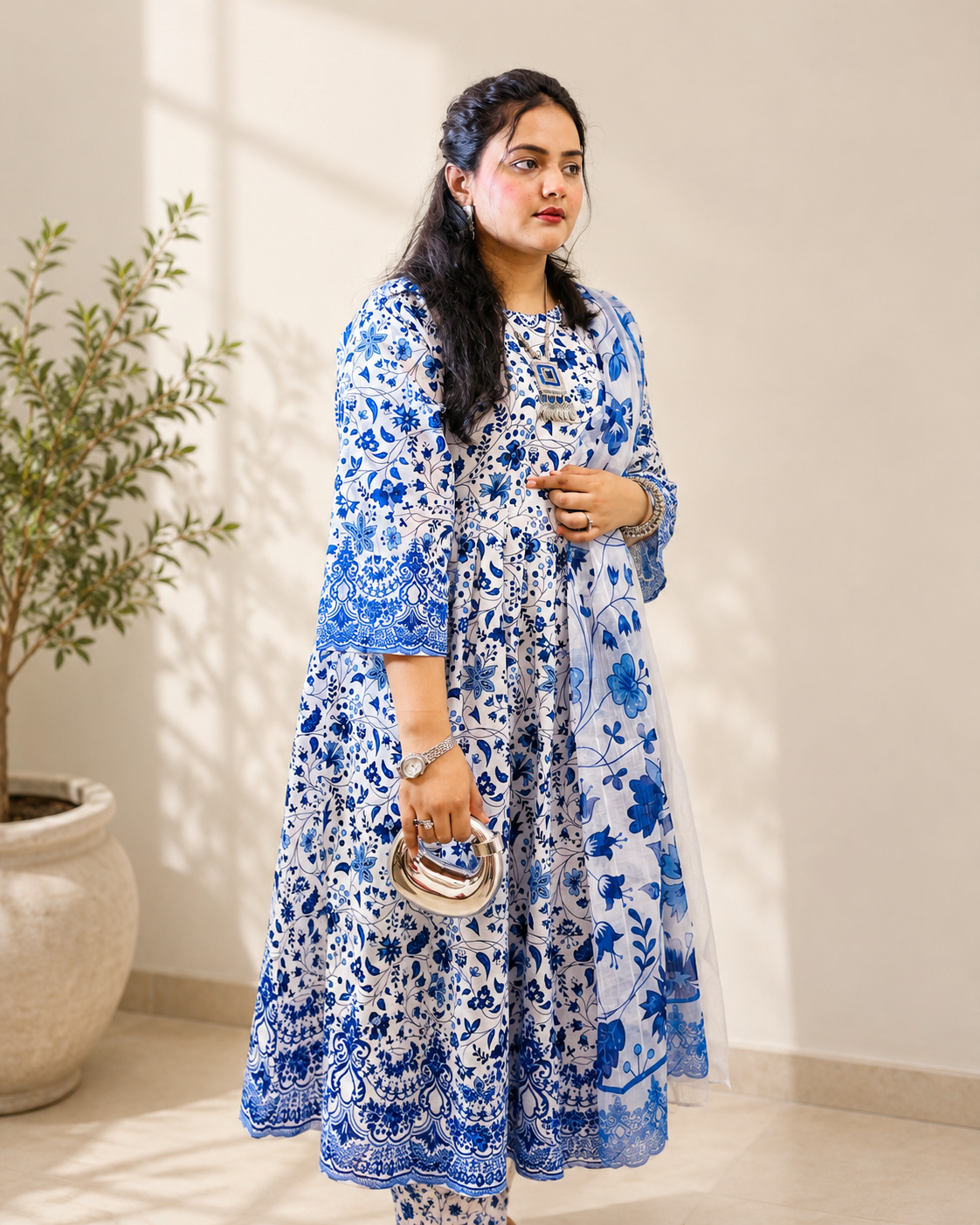 Azure Bloom Printed Lawn Frock – Blue & White