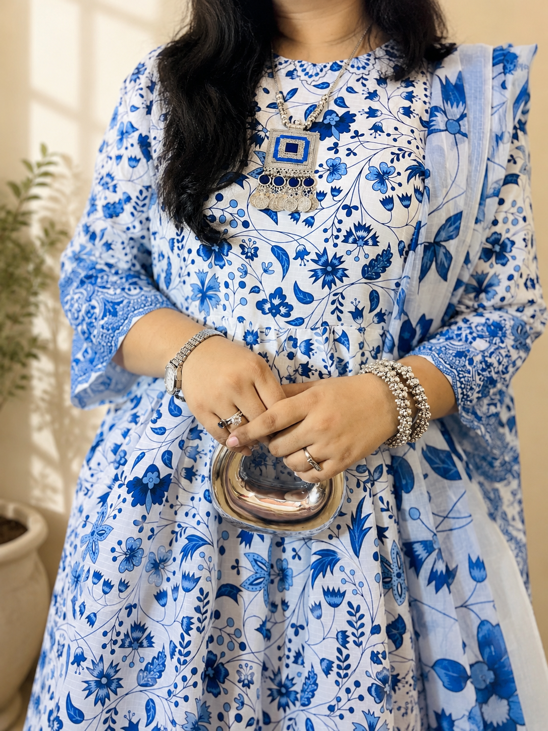 Azure Bloom Printed Lawn Frock – Blue & White