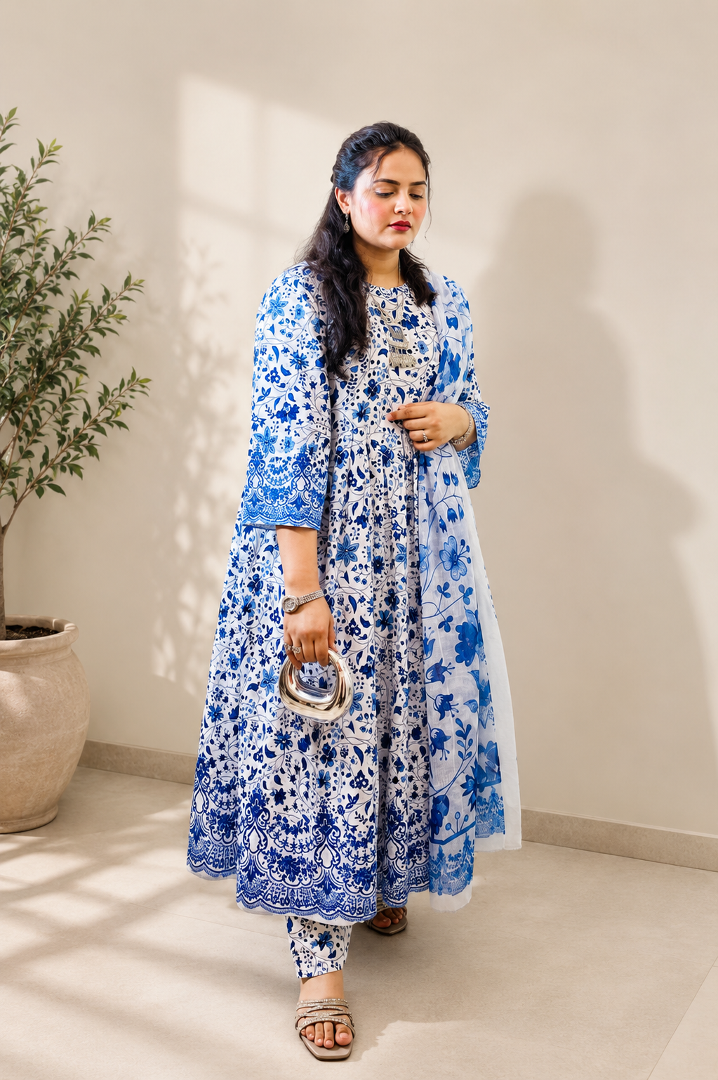 Azure Bloom Printed Lawn Frock – Blue & White