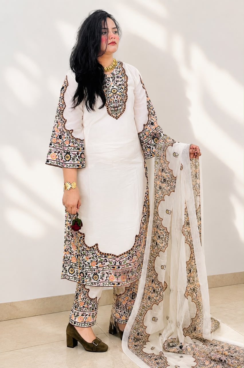 Ivory Bloom Printed 3-Piece Lawn Suit – Ivory & Multicolor